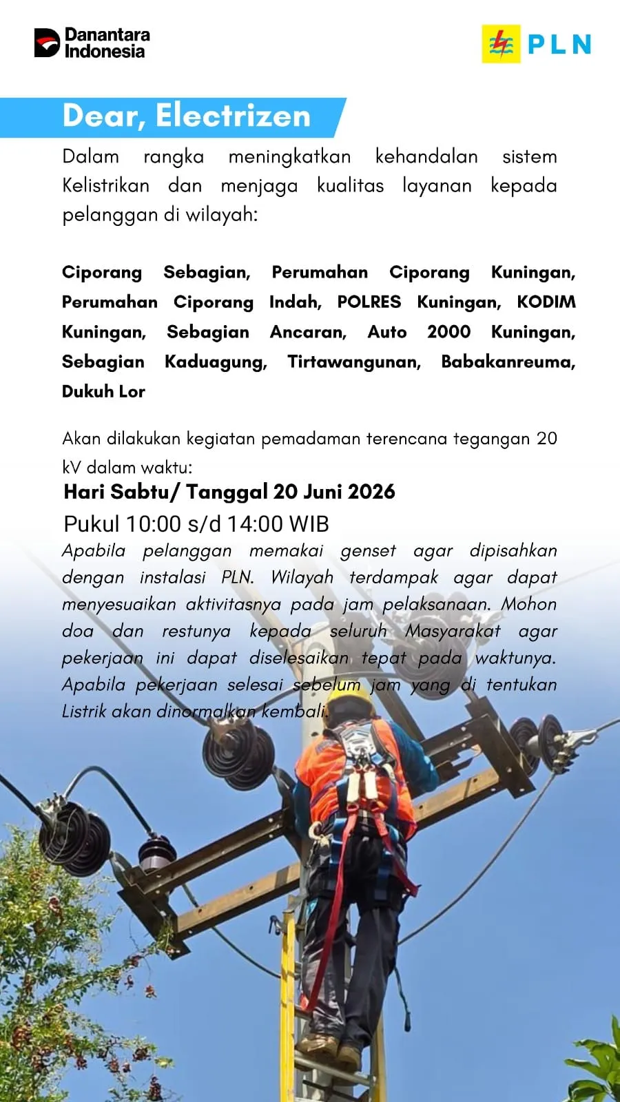 Peningkatan Keandalan Listrik, PLN Agendakan Pemadaman Terencana di Sejumlah Wilayah Kuningan Hari Ini